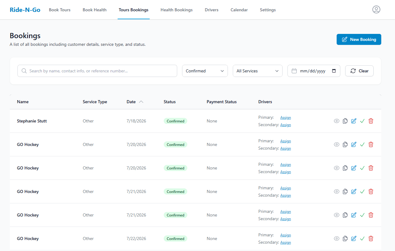 Ride-N-Go DMS bookings list view
